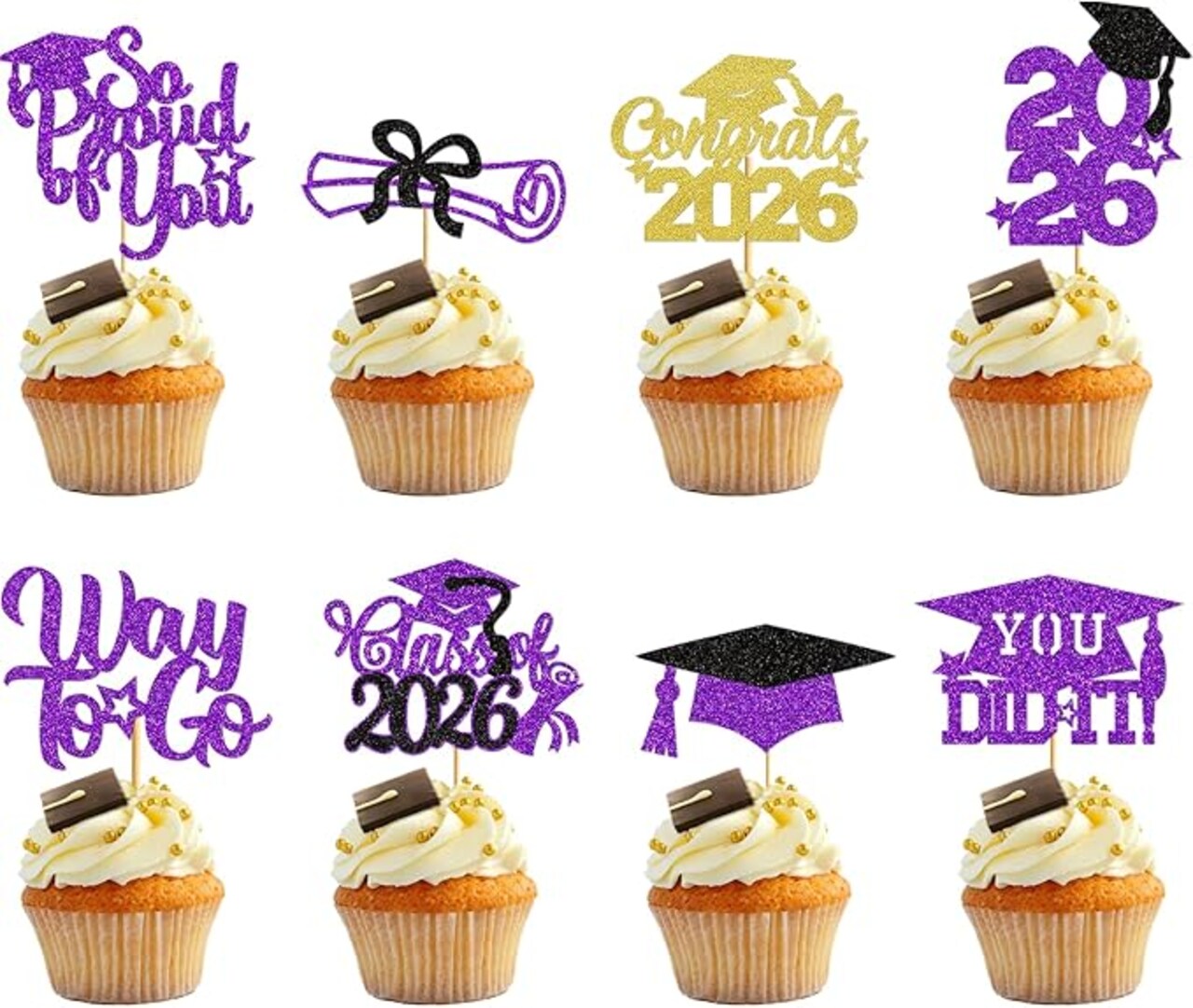 40PCS Purple Graduation Cupcake Toppers 2026 – Glitter Graduation Cap & Diploma Picks – Class of 2026 Dessert Decorations for Graduation Party Cakes & Cupcakes